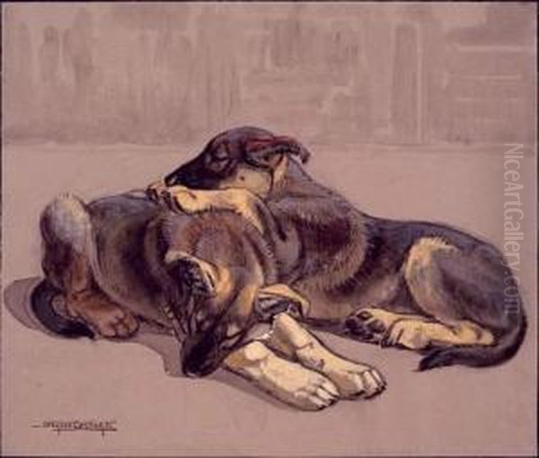 Deux Chiens Bergers Couches - view 1