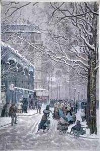 Queue for coal in the Fourteenth Arrondissement, Place du Marche, rue Brezin and avenue du Maine, Paris by Felix Brard