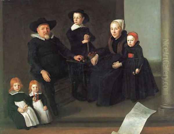 Group portrait of a gentleman and his wife, and their four children on a terrace - view 1