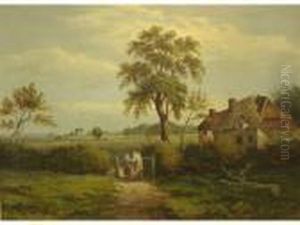 Two Figureson A Garden Path Beside A Cottage At Marston Green, Signed by William P. Cartwright