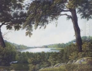 A Wooded Landscape With A Lake Beyond