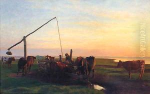 Cattle Watering At Sunrise by Hans Brasen