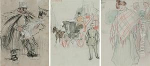 Reading The News; A London Carriage; And The Shawl by Ramon Casas