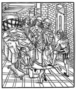Surgeon directs as an assistant breaks and resets a leg by Hieronymus Brunschwig