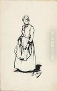 Una Joven Con Delantal. Dibujo A Tinta China Y Lapiz Plomo. Firmado. 21x13 Cm by Ramon Casas