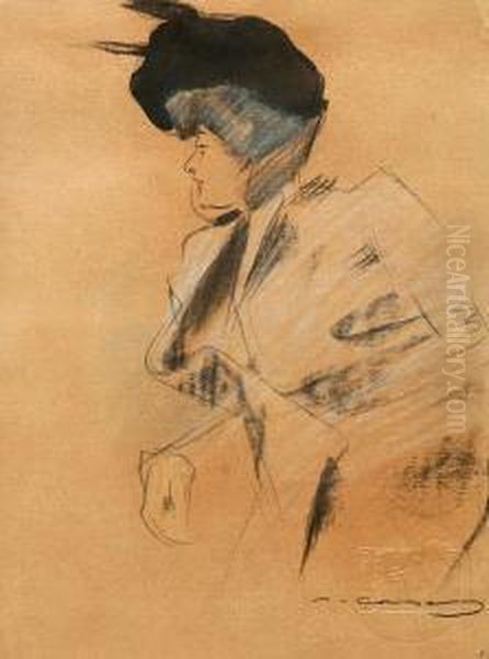 Una Joven De Perfil. Dibujo A 
Carboncillo, Tinta China Y Pastel. Firmado. Con El Sello En Seco De Pel I
 Ploma. 32x24 Cm - view 1