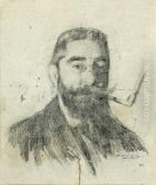 Autorretrato Con Pipa. Firmado. Dibujo A Lapiz Sobre Papel. 12x10 Cm - view 1