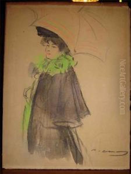 Ramon Casas, Carbo. Dibujo A 
Lapiz Carbon Y Acuarela. Med.: 32 X 25 Cm. Sello Pel Y Ploma Firmado - view 1