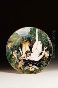 Piatto In Ceramica Dipinta In
Policromia Con Una Scena Di Ispirazione Mitologica raffigurante il Bacio
Tra Fauno E Una Ninfa Adagiati Su Un Prato e Circondati da Satiri. by Basilio Cascella