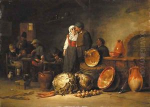 A couple standing by pots and pans in a stable, boors smoking and drinking at tables beyond