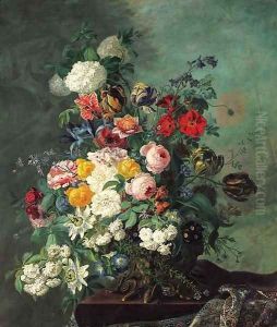 Still life with flowers on a ledge by Jean Benner