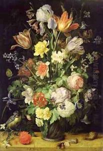 Still Life with Flowers and Blue Tit by Johann Rudolf Byss
