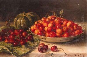 Still life with cherries and a pumpkin on a table