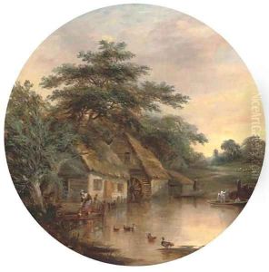 A milkmaid by a watermill by Robert Burrows