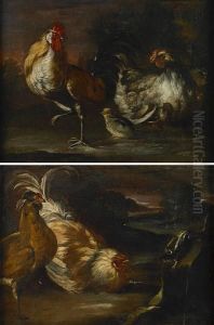 A Cockerel, Chicken And Chicks In A Landscape by Giovanni Agostino Cassana