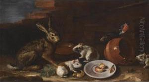 A Farmyard Scene With A Still Life Of A Rabbit by Giovanni Agostino Cassana