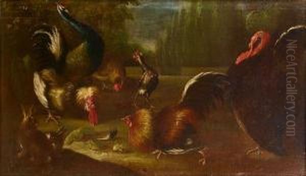 A Turkey, Peacock And Cockerels With A Rabbit In A Landscape - view 1