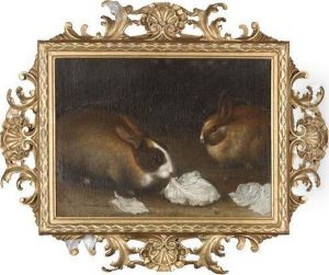 Two Rabbits With Lettuce Leaves