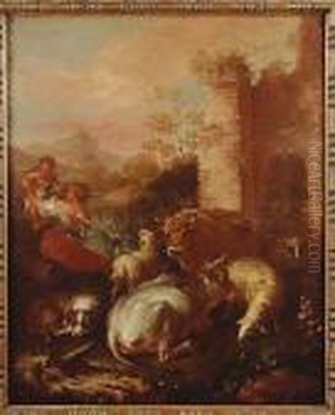 A Shepherdess, Her Child And A
Dog Tending Cattle, Sheep, A Goat And A Ram By Ruins In An Italianate
Landscape - view 1