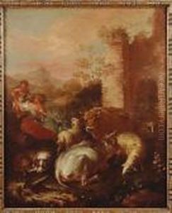 A Shepherdess, Her Child And A
Dog Tending Cattle, Sheep, A Goat And A Ram By Ruins In An Italianate
Landscape by Giovanni Agostino Cassana