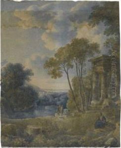 View Of A Clearing By A Lake, With Turkish Figures Before Aruined Temple View Of A Clearing By A Lake, With Turkish Figures Before Aruined Temple