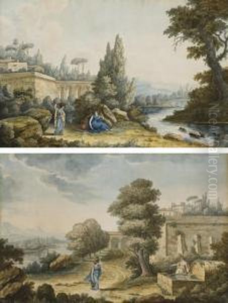 Deux Femmes Transportant De
L'eau Pres D'une Fontaine, Une Villa Italienne A L'arriere-plan; Et Deux
Femmes Avec Des Jarres Au Bord D'une Riviere, Une Villa Italienne A
L'arriere-plan - view 1