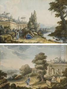 Deux Femmes Transportant De
L'eau Pres D'une Fontaine, Une Villa Italienne A L'arriere-plan; Et Deux
Femmes Avec Des Jarres Au Bord D'une Riviere, Une Villa Italienne A
L'arriere-plan by Louis Francois Cassas