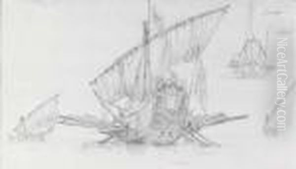 Deux Etudes De Navire Et De Bateaux De Peche - view 1