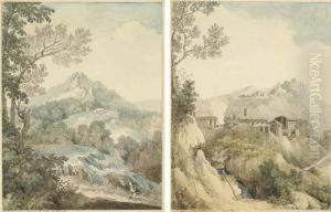 A Mountainous Landscape With A
Waterfall Near Terni, A Fisherman Inthe Foreground; And A Mountainous
Landscape Above Tivoli With Awaterfall, Horace's Country House In The
Foreground by Louis Francois Cassas