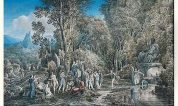 Personnages Antiques Dans Un Paysage Montagneux Pres D'une Statue De Jupiter - view 1