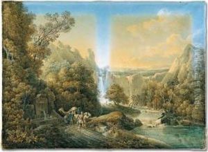 A Mountainous Landscape With A 
River And Waterfalls, Travellers With A Camel In The Foreground And A 
City By The Sea In The Distance