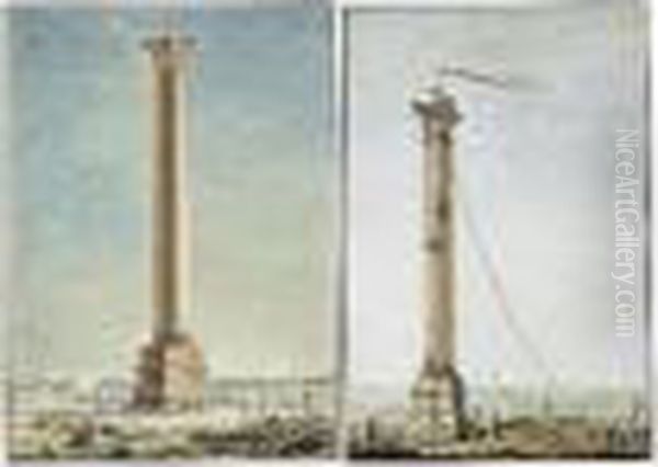 A Pair Of Drawings Of Columns:
A) Pompey's Column At Alexandria With A Kiteflier; B) A Column By The
Sea With The French Flag Flying - view 1