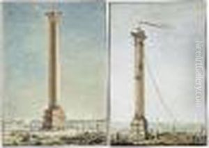 A Pair Of Drawings Of Columns:
A) Pompey's Column At Alexandria With A Kiteflier; B) A Column By The
Sea With The French Flag Flying by Louis Francois Cassas