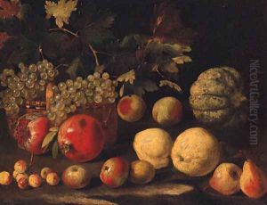 Grapes in a basket with a melon by Abraham Brueghel