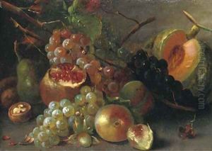Grapes, a melon, cherries, a walnut, a pomegranate and other fruits on a wooden ledge