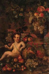 A putto amongst fruit in a landscape