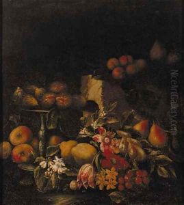 Figs on a silver tazza with apples