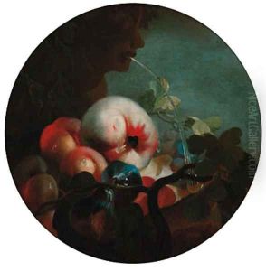 Peaches, an apple and figs by a fountain