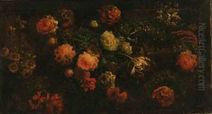Tulips, peonies, poppies and other flowers against a stone ledge by Abraham Brueghel