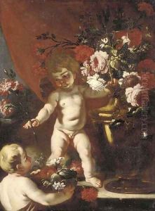 Putti with carnations, roses and other flowers in urns by Abraham Brueghel