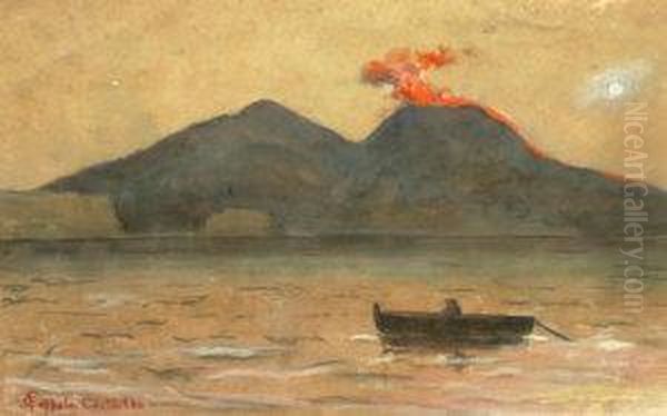 Manner Of Francesco Coppola
Castaldo, Italian -- Fishing Vessel Off Stromboli; Black Chalk
Watercolour And Gouache On Buff Paper, Bears Signature, 28x41.5cm - view 1
