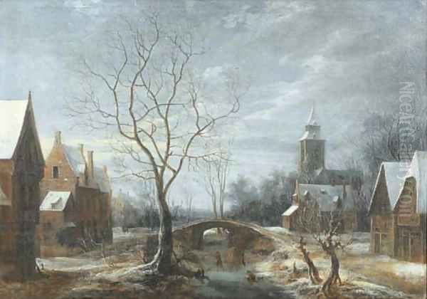 A winter landscape with figures on a frozen waterway in a village - view 1