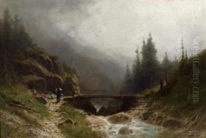 Bergbach Mit Bauerin An Einer Brucke. Der Letzte Gang Vor Dem Gewitter.