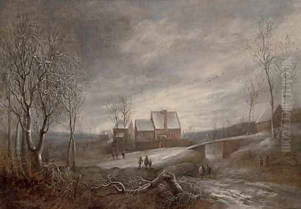 A wooded river winter landscape with figures on a track and men fishing on a frozen lake - view 1