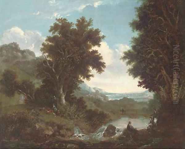 Figures by a brook, an extensive landscape beyond - view 1