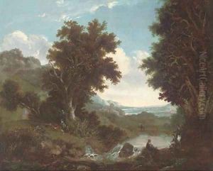 Figures by a brook, an extensive landscape beyond by Benjamin Barker Of Bath
