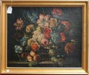 Still Life Study Of Summer Flowers In A Basket Beside Fruit On A Ledge