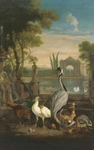 A Demoiselle Crane, A Pheasant, A
 Duck And Other Birds In An Italianate Garden With A Lake