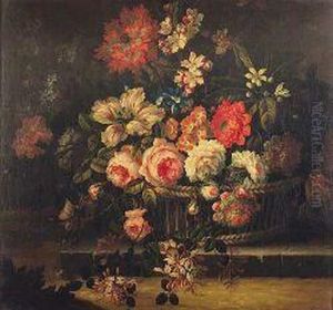 A Still Life Of Assorted Flowers In A Wicker Basket