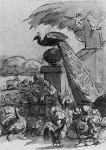 A Peacock, A Turkey, A Pheasant,
 A Cock And Two Songbirds By Amonumental Staircase In A Garden, Cattle 
Beyond